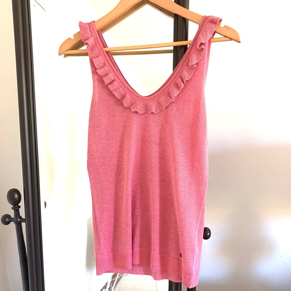 Anthropologie Sparkle Knit Top in Flamingo Pink with Ruffle Detail 🦩